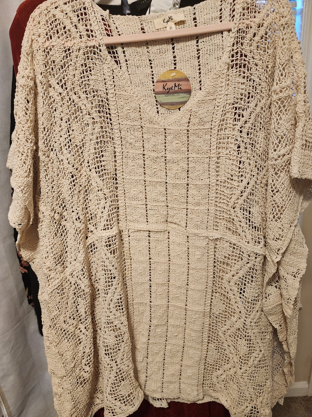 KyeMi Cream Open-Weave Poncho Sweater